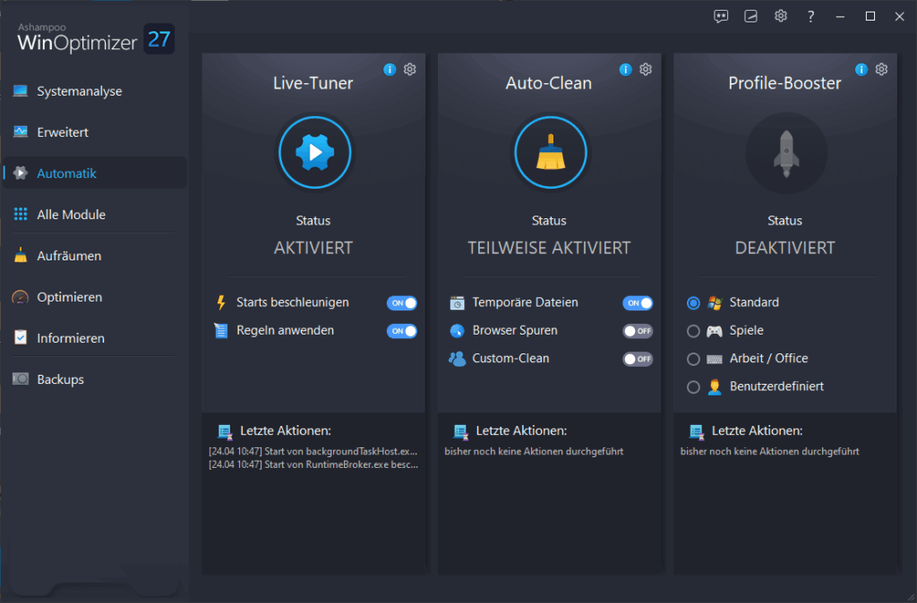 WinOptimizer 27 Modulübersicht mit Drive Cleaner