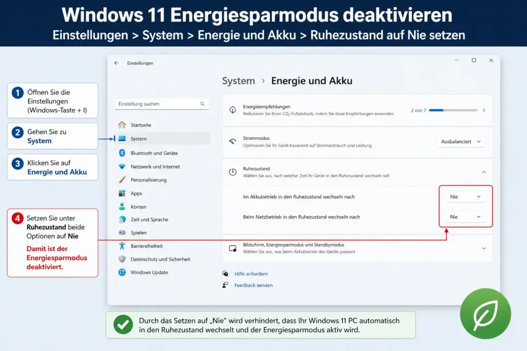 Windows 11 Energiesparmodus deaktivieren – Einstellungen System Energie und Akku Ruhezustand auf Nie setzen