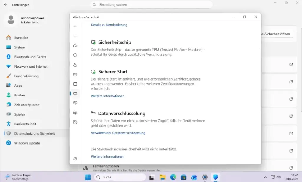 windows Sicherheit unter Gerätesicherheit Sicherer Start