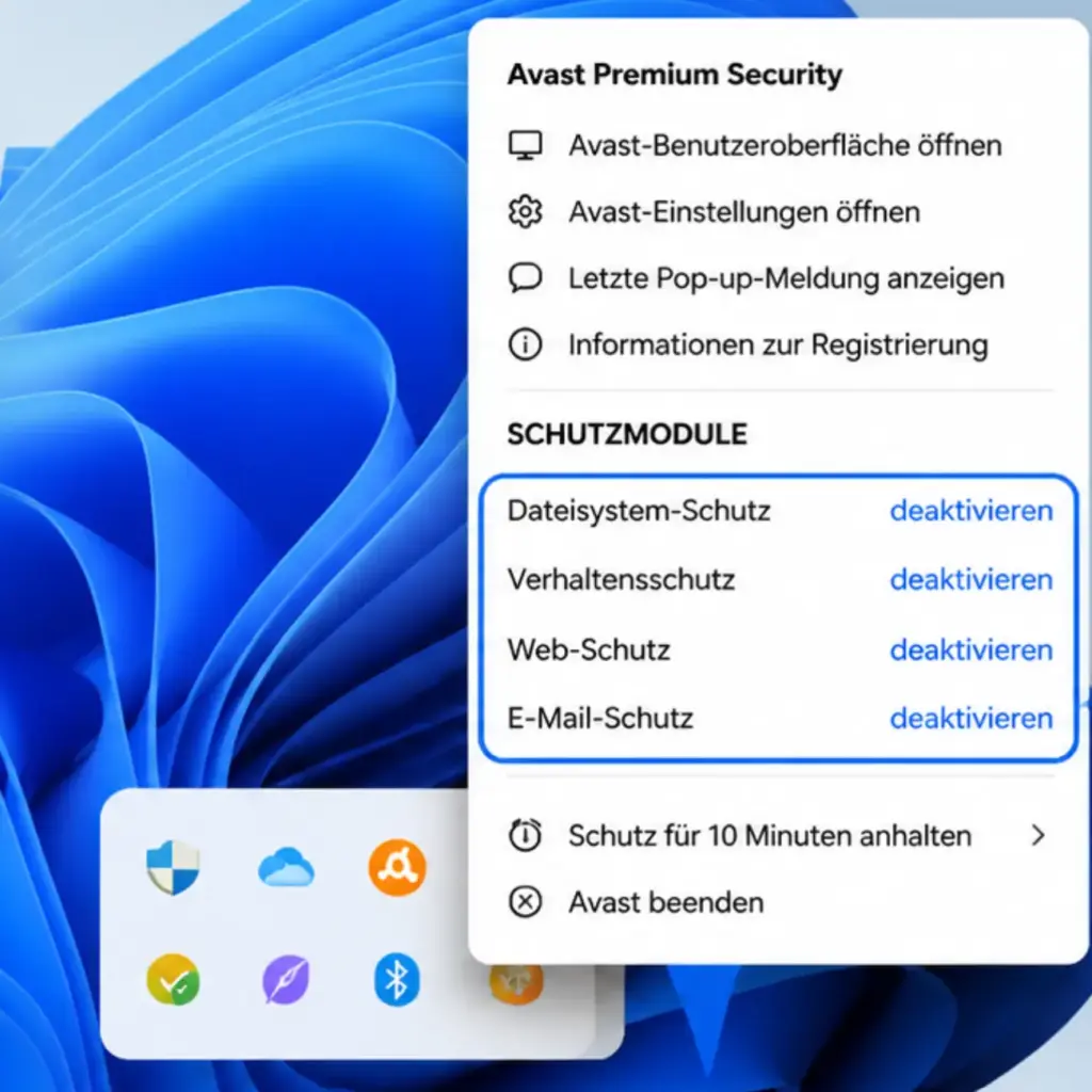 Avast Schutzmodule deaktivieren Rechtsklick Systray Windows 11 Taskleiste Avast blockiert KB5089549 Avast Schutzmodule deaktivieren Rechtsklick Systray Windows 11 Taskleiste