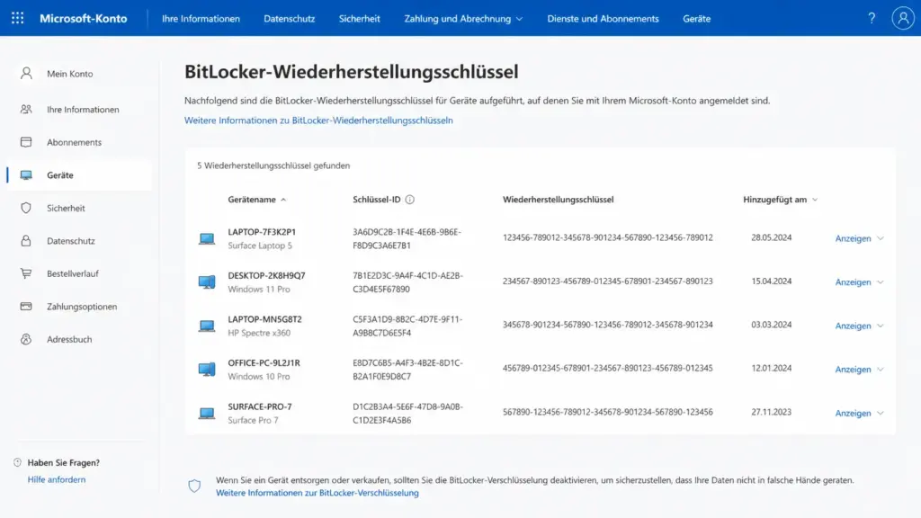 BitLocker Recovery Key im Microsoft Konto finden account microsoft com Uebersich BitLocker Recovery Key im Microsoft Konto finden account microsoft com Übersich