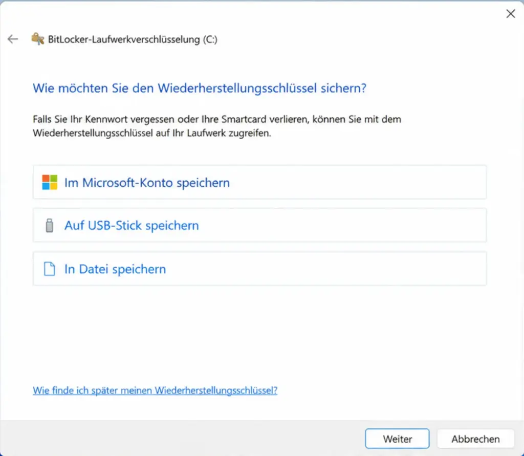 BitLocker Setup Windows 11 Optionen zur Schluesselsicherung Microsoft Konto USB Stick Datei speichern BitLocker Setup Windows 11 Optionen zur Schlüsselsicherung Microsoft Konto USB Stick Datei speichern