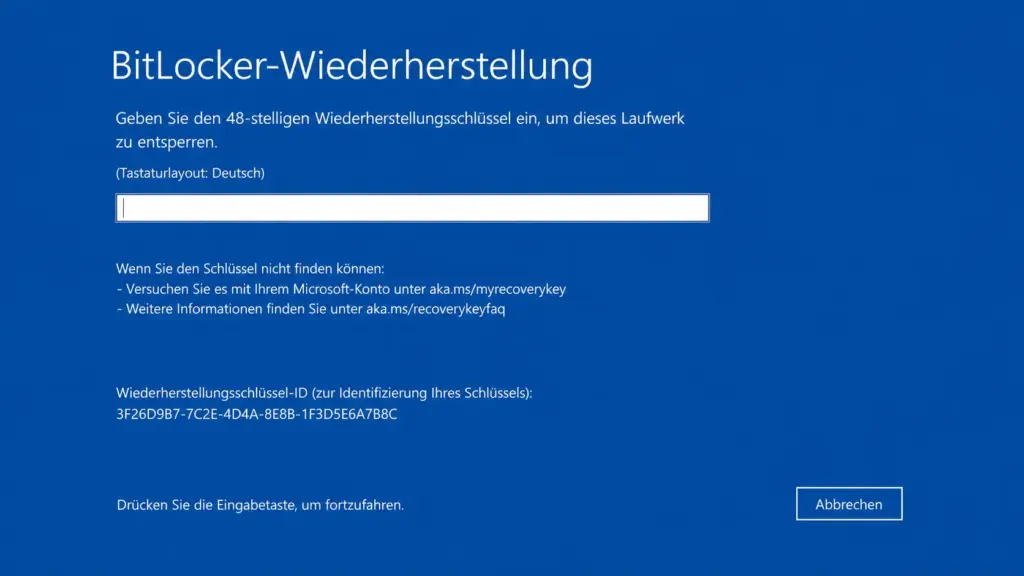 BitLocker Wiederherstellungsschluessel vergessen blauer Sperrbildschirm Windows 11 mit Schluessel ID Anzeige BitLocker Wiederherstellungsschlüssel vergessen blauer Sperrbildschirm Windows 11 mit Schlüssel ID Anzeige