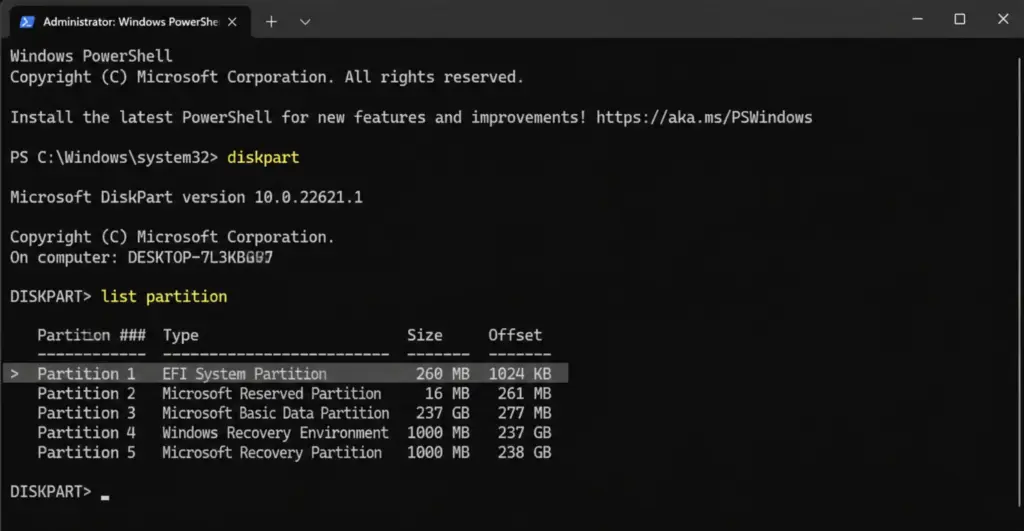 DiskPart zeigt Partitionsstruktur mit EFI System Partition auf Windows 11 DiskPart zeigt Partitionsstruktur mit EFI System Partition auf Windows 11