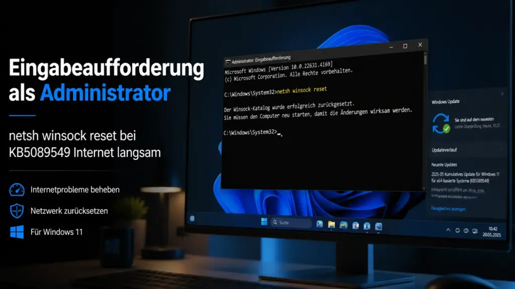Windows 11 langsames Internet nach Update KB5089549  Eingabeaufforderung als Administrator netsh winsock reset Befehl ausführen für KB5089549 Internet langsam Prob