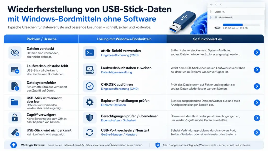 USB Stick Daten wiederherstellen Windows Bordmittel Uebersicht ohne Software USB Stick Daten wiederherstellen Windows Bordmittel Übersicht ohne Software