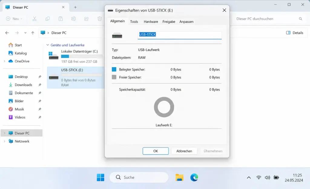 USB Stick RAW Dateisystem Windows 11 Eigenschaften zeigen 0 Bytes und RAW USB-Stick RAW-Dateisystem reparieren - Eigenschaften zeigen 0 Bytes und RAW