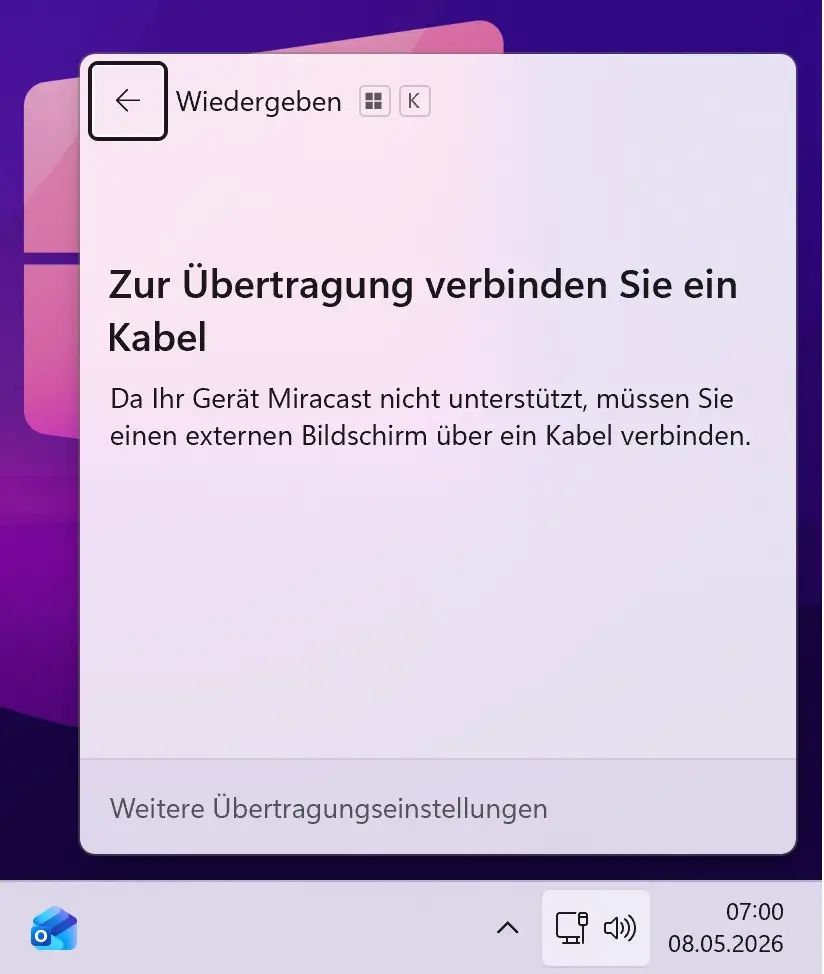 Win+K Schnellverbindungs Panel in Windows 11 mit drahtlosen Displays in der Liste
