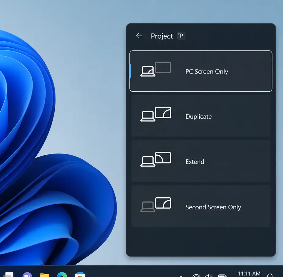 Win+P Projektionsmenü Windows 11 mit den Optionen Duplizieren und Erweitern für Beamer und zweiten Monitor