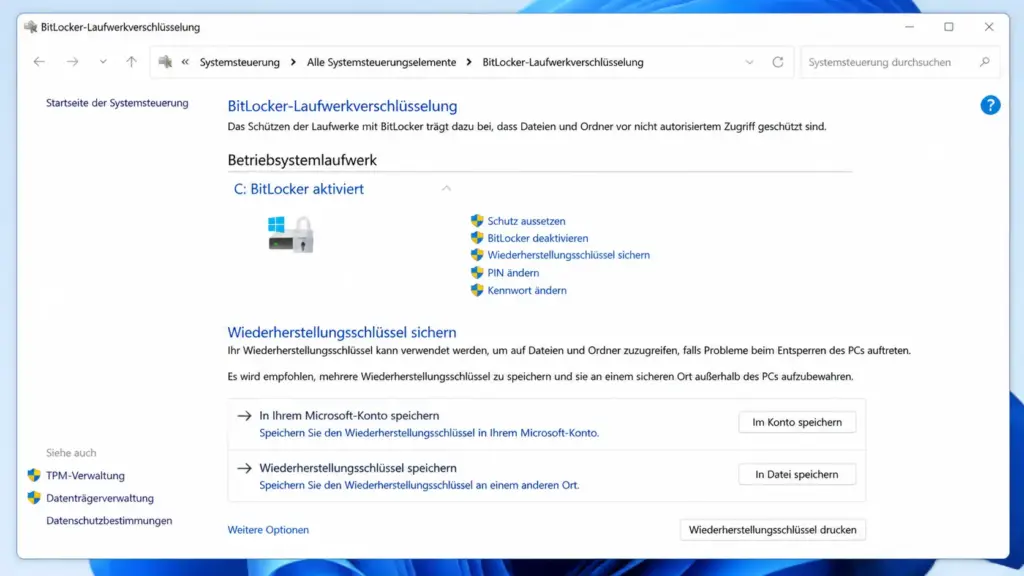 Windows 11 BitLocker Laufwerkverschluesselung Systemsteuerung Wiederherstellungsschluessel sichern Windows 11 BitLocker Laufwerkverschlüsselung Systemsteuerung Wiederherstellungsschlüssel sichern