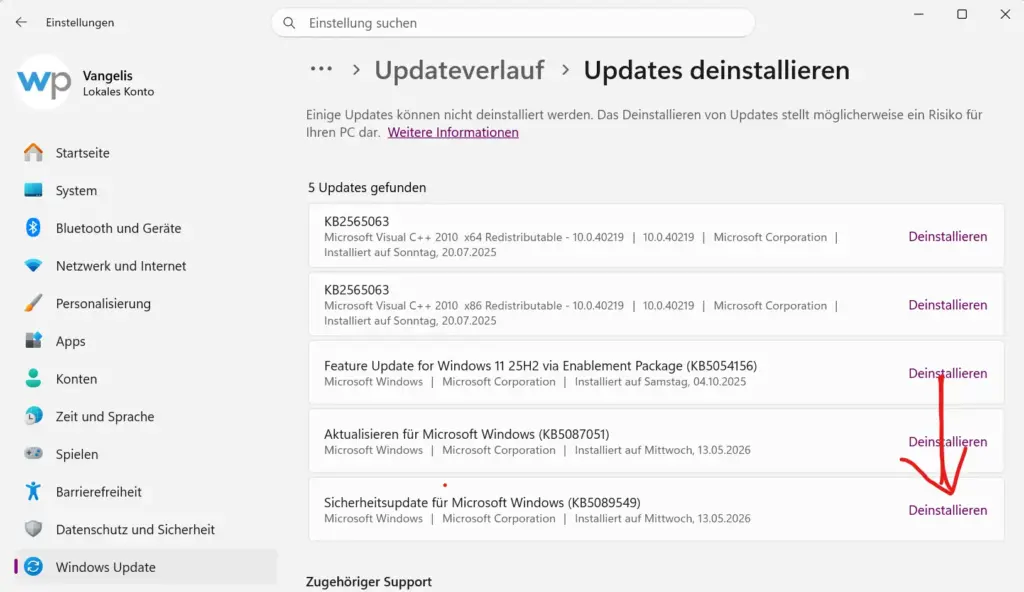 Windows 11 Einstellungen – Updates deinstallieren Schritt für Schritt, KB5089549 in der Liste markiert