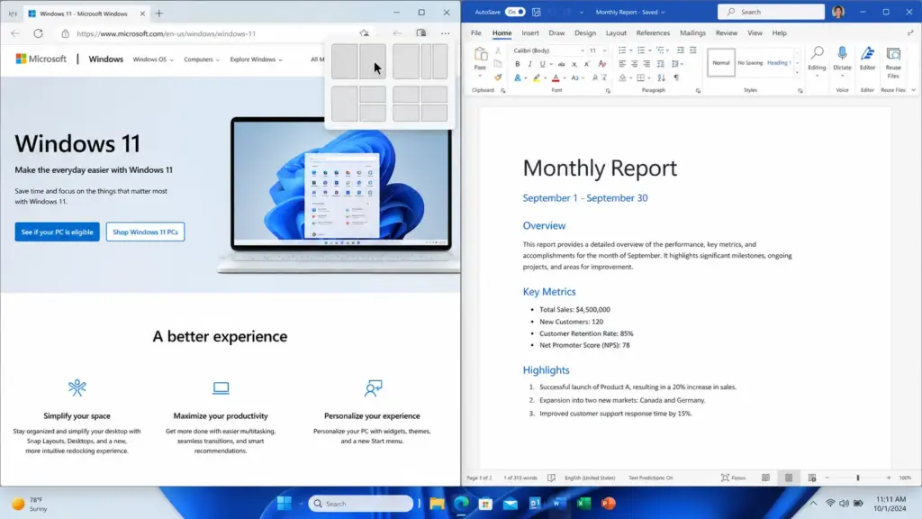 Windows 11 Snap Layout Overlay beim Hover über Maximieren Schaltfläche – sechs Layout Optionen für Bildschirm teilen