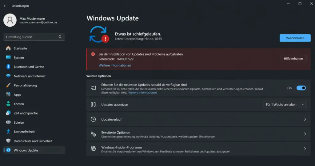 Windows 11 Update KB5089549 schlaegt fehl mit Fehler 0x800f0922 Windows 11 Update KB5089549 schlägt fehl mit Fehler 0x800f0922