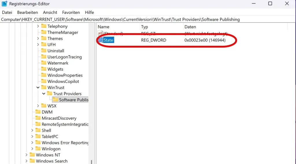 Windows Registry Editor – State Wert für WinTrust Software Publishing anpassen