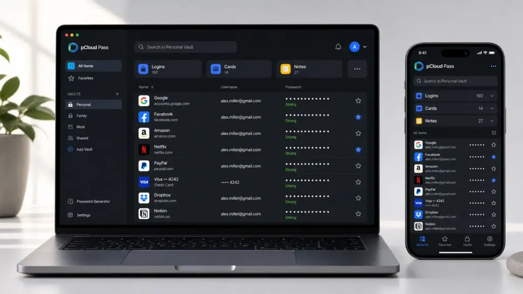 pCloud Pass Interface – Passwort Vault Übersicht auf Desktop und Smartphone