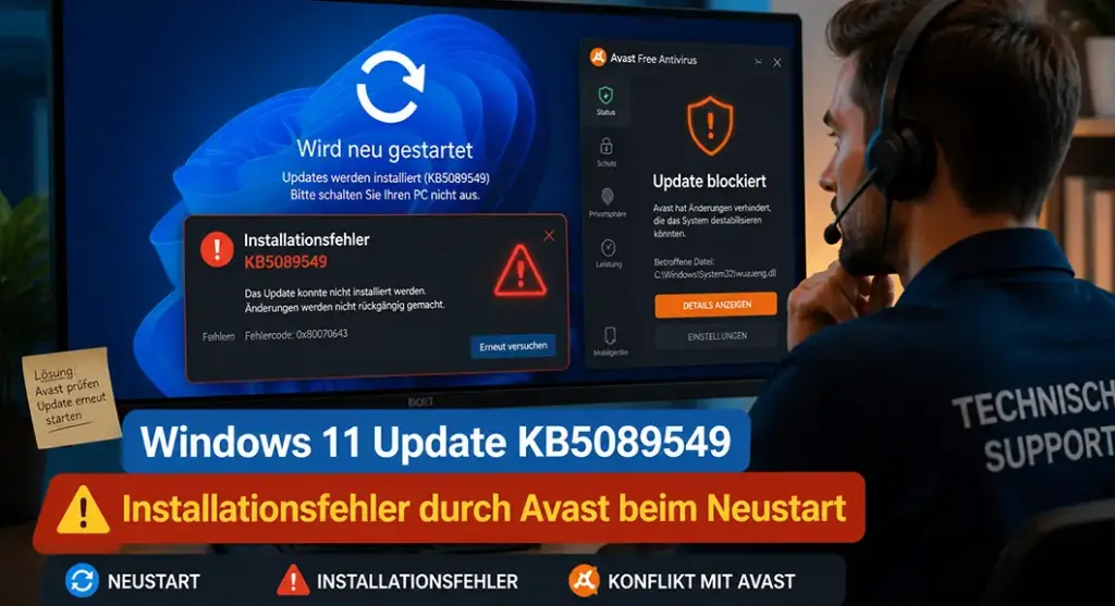 Avast blockiert KB5089549 – Windows 11 Update installiert sich nicht Windows 11 Update KB5089549 Installationsfehler Avast Konflikt Fehlermeldung beim Neustart