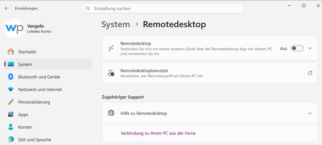 Detailansicht des Remotedesktop Bereichs in den Windows 11 Einstellungen mit PC Namen Anzeige
