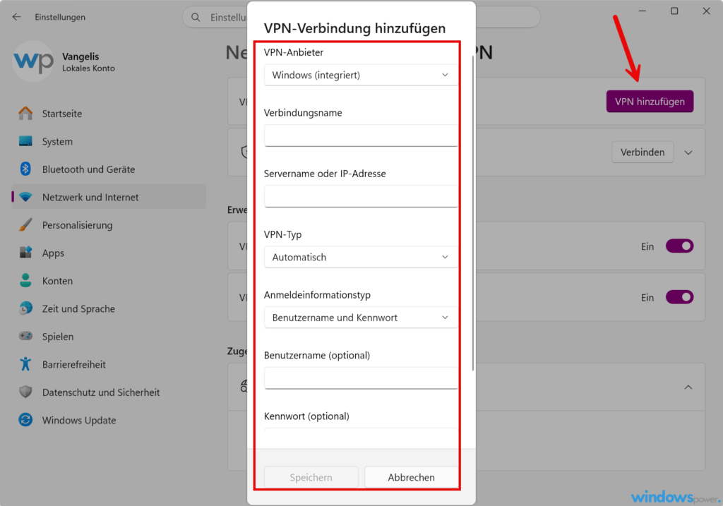 Windows 11 VPN einrichten mit ausgefüllten Feldern Anbieter Serveradresse IKEv2