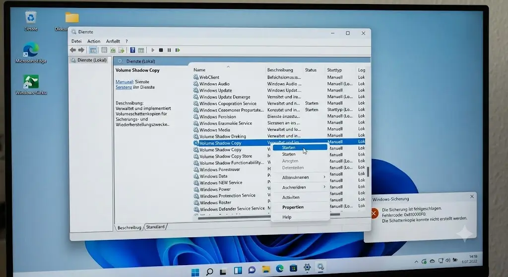 Dienste Verwaltung Windows mit Volume Shadow Copy Dienst zur Fehlerbehebung bei Sicherungsfehler 0x810000F0 1 Dienste Verwaltung Windows mit Volume Shadow Copy Dienst zur Fehlerbehebung bei Sicherungsfehler 0x810000F0