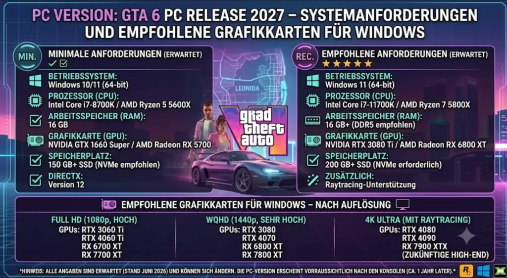 GTA 6 PC Release 2027 – Systemanforderungen und empfohlene Grafikkarten für Windows