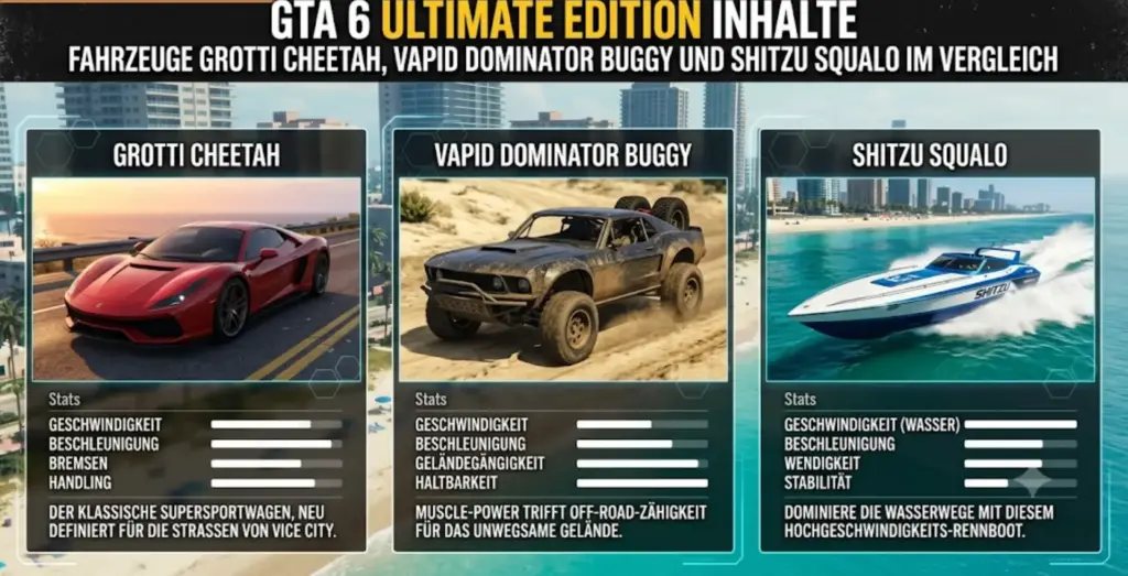 GTA 6 Ultimate Edition Inhalte – Fahrzeuge Grotti Cheetah, Vapid Dominator Buggy und Shitzu Squalo im Vergleich
