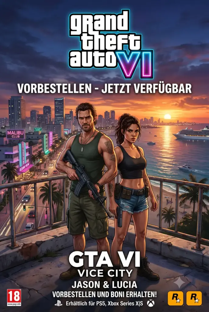 GTA 6 vorbestellen – offizielles Cover Artwork mit Jason und Lucia vor Vice City Skyline