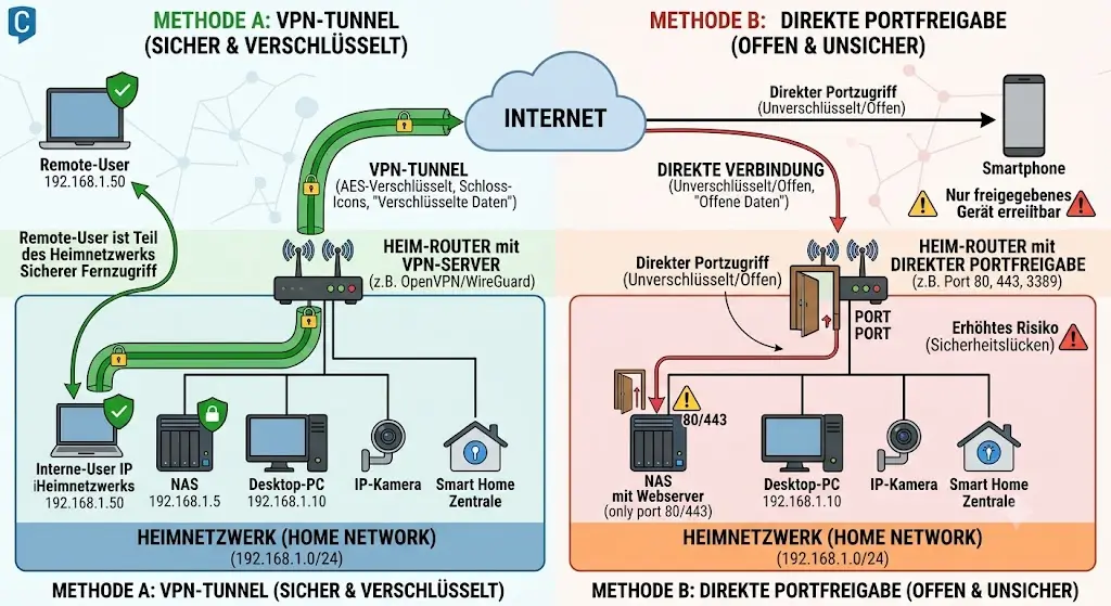 Schematische Darstellung VPN Tunnel vs direkte Portfreigabe zum Heimnetz