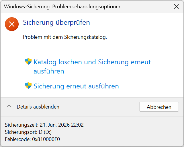 Sicherungsfehler Sicherungsfehler 0x810000F0