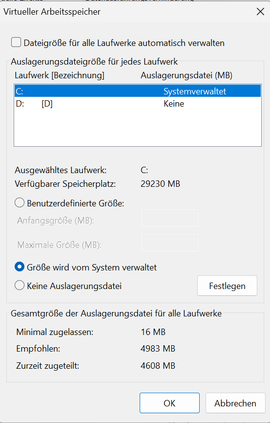 Virtuellen Arbeitsspeicher in Windows 11 anpassen Auslagerungsdatei mit benutzerdefinierter Groesse konfigurieren Virtuellen Arbeitsspeicher in Windows 11 anpassen - Auslagerungsdatei mit benutzerdefinierter Größe konfigurieren
