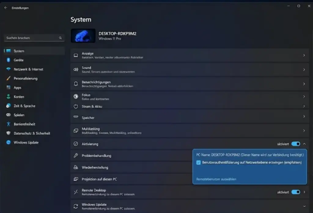 Remote Desktop aktivieren Windows 11