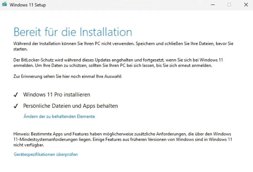 Windows 11 Setup – Persönliche Dateien und Apps behalten auswählen