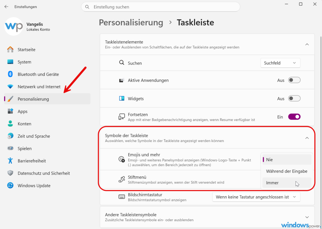 Windows 11 Taskleisteneinstellungen mit Abschnitt Symbole der Taskleiste und Option Emoji und mehr Windows 11 Taskleisteneinstellungen mit Abschnitt Symbole der Taskleiste und Option Emoji und mehr