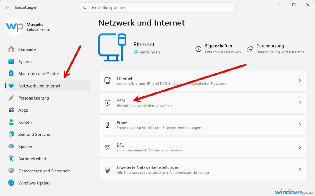 Windows 11 VPN Einstellungen Netzwerk Internet Seitenleiste