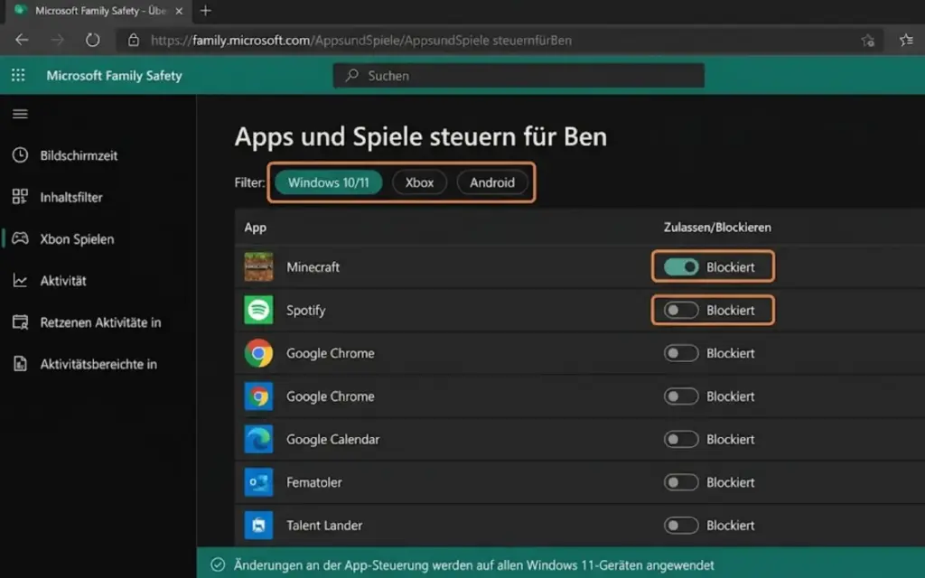 Apps und Spiele im Family Safety Dashboard blockieren Apps und Spiele im Family Safety Dashboard blockieren