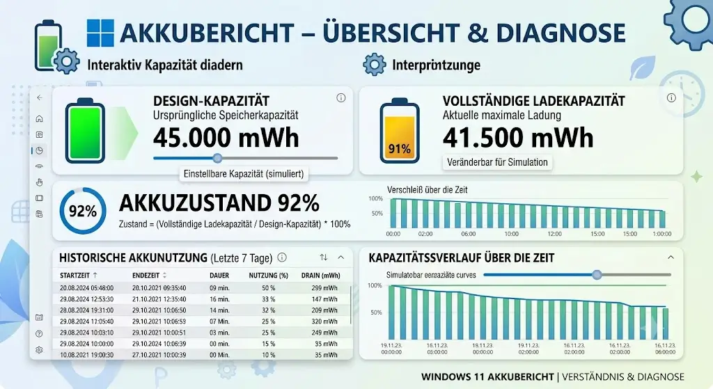 Beispielausgabe des Windows 11 Akkuberichts mit Design Capacity und Full Charge Capacity Beispielausgabe des Windows 11 Akkuberichts mit Design Capacity und Full Charge Capacity