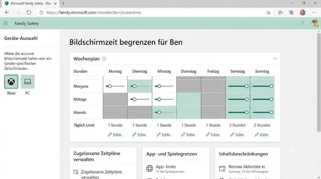 Bildschirmzeit begrenzen im Family Safety Bildschirmzeit begrenzen im Family Safety