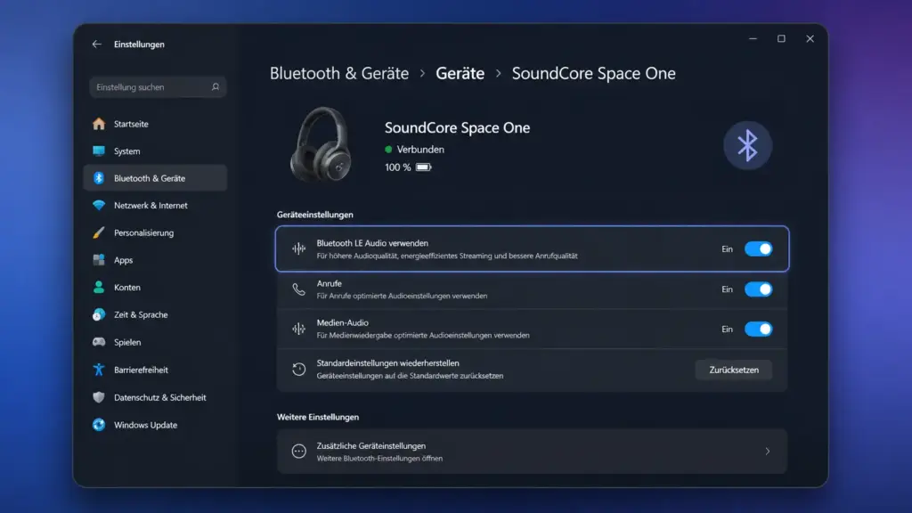 Bluetooth LE Audio Windows 11 Einstellungen pruefen Geraeteeinstellungen Bluetooth LE Audio Windows 11 Einstellungen prüfen Geräteeinstellungen
