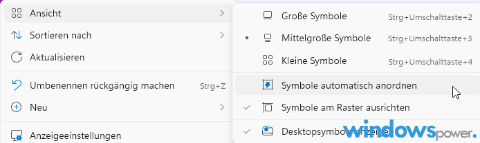 Desktopsymbole fixieren Windows 11 Kontextmenü Ansicht Symbole automatisch anordnen Häkchen entfernen