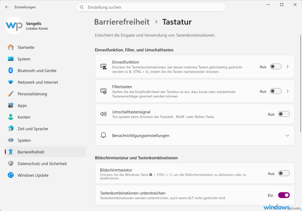 Filtertasten deaktivieren in Windows 11 Einstellungen unter Barrierefreiheit Tastatur