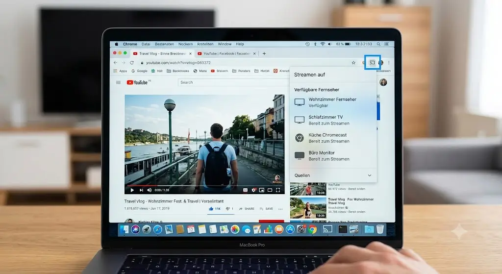 Google Cast Menue im Chrome Browser mit verfuegbaren Fernsehern Google Cast Menü im Chrome Browser mit verfügbaren Fernsehern
