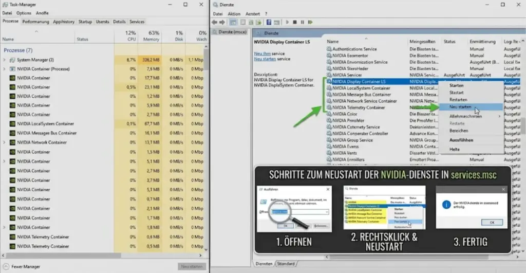 NVIDIA Dienste im Task Manager unter services.msc neu starten