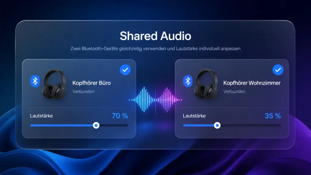 Shared Audio Windows 11 zwei Geraete auswaehlen Lautstaerke unabhaengig einstellen Shared Audio Windows 11 zwei Geräte auswählen Lautstärke unabhängig einstellen