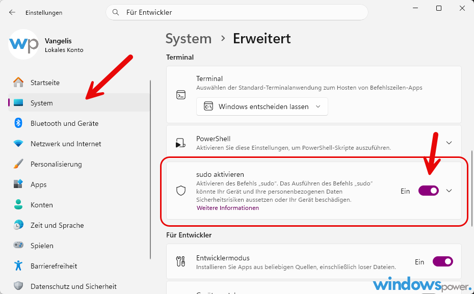Sudo für Windows 11 aktivieren Konfigurationsmodus Dropdown Einstellungen