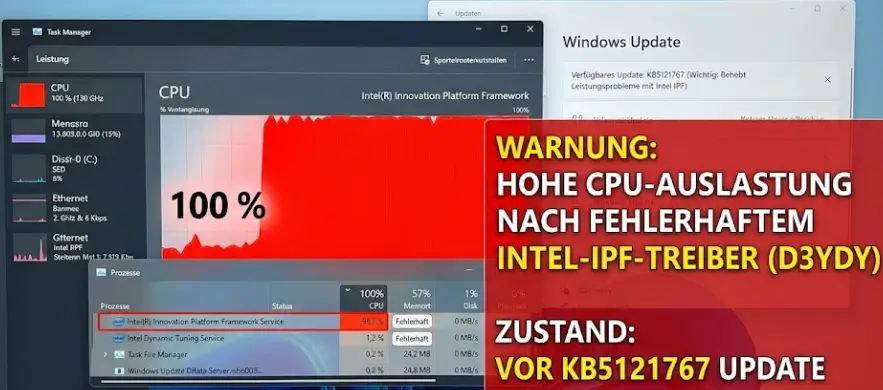 Task Manager zeigt hohe CPU Auslastung nach fehlerhaftem Intel IPF Treiber vor KB5121767