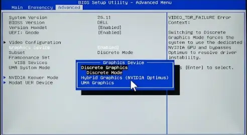 VIDEO TDR FAILURE Laptop Hybrid Grafik NVIDIA Optimus dedizierte GPU erzwingen BIOS Discrete Mode VIDEO TDR FAILURE Laptop Hybrid Grafik NVIDIA Optimus dedizierte GPU erzwingen BIOS Discrete Mode
