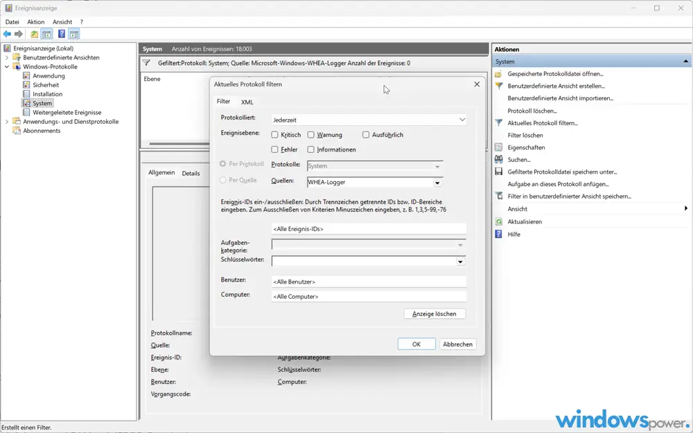 WHEA UNCORRECTABLE ERROR Diagnose Windows Ereignisanzeige WHEA Logger Fehlerprotokoll auslesen