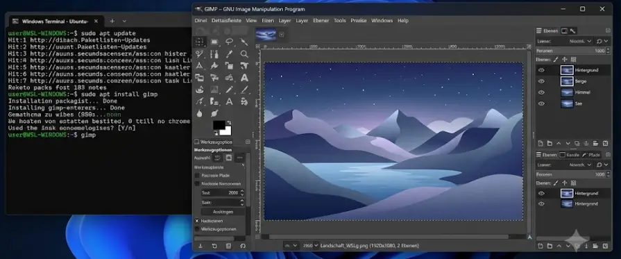 WSLg grafische Linux Anwendungen Windows 11 GIMP Fenster Desktop WSLg grafische Linux Anwendungen Windows 11 GIMP Fenster Desktop