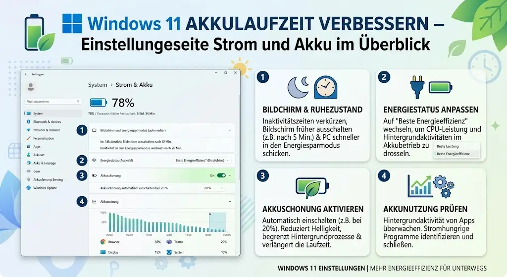 Windows 11 Akkulaufzeit verbessern – Einstellungsseite Strom und Akku im Ueberblick Windows 11 Akkulaufzeit verbessern – Einstellungsseite Strom und Akku im Überblick