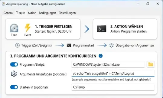 Windows 11 Aufgabenplanung Trigger Aktion Programm starten Argumente Windows 11 Aufgabenplanung Trigger Aktion Programm starten Argumente