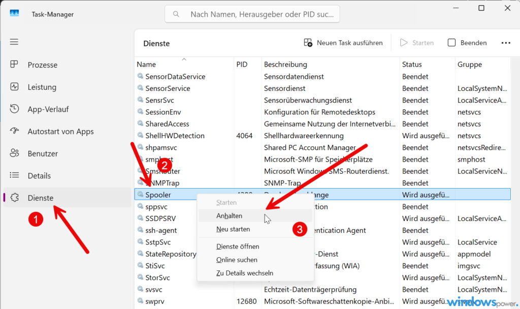 Windows 11 Druckerwarteschlange leeren Task Manager Dienste Spooler beenden Windows 11 Druckerwarteschlange leeren Task Manager Dienste Spooler beenden